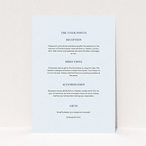 A wedding insert card design titled "Classic face". It is an A6 card in a portrait orientation. "Classic face" is available as a flat card, with mainly light blue colouring.