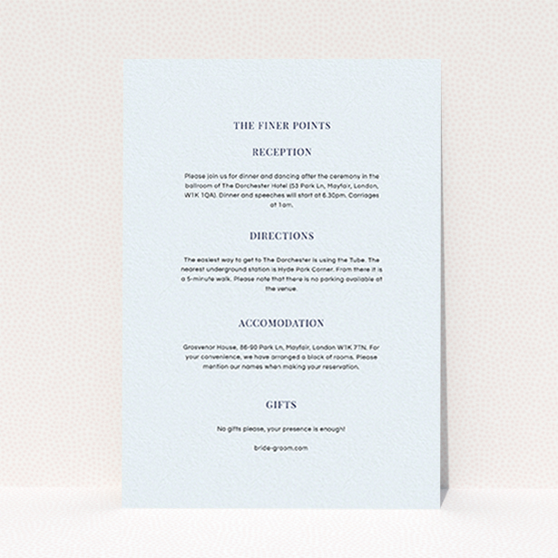 A wedding insert card design titled "Classic face". It is an A6 card in a portrait orientation. "Classic face" is available as a flat card, with mainly light blue colouring.