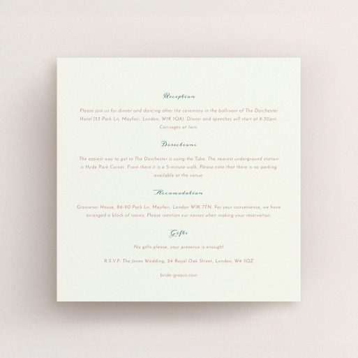 Wedding Insert Card Design - "Crayon splinters" A wedding insert card template titled "Crayon splinters". It is a square (148mm x 148mm) card in a square orientation. "Crayon splinters" is available as a flat card, with tones of pale cream and red.