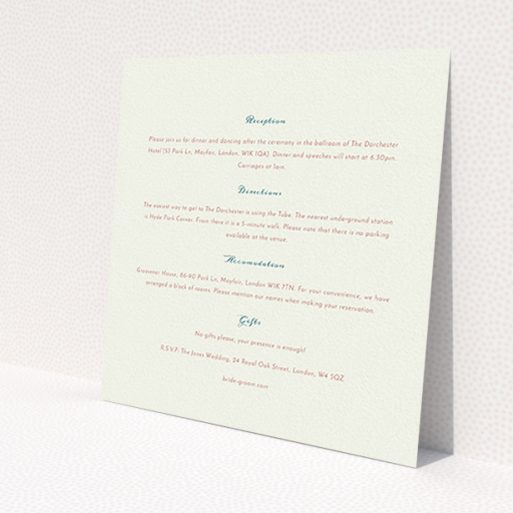A wedding insert card template titled 'Crayon splinters'. It is a square (148mm x 148mm) card in a square orientation. 'Crayon splinters' is available as a flat card, with tones of pale cream and red.
