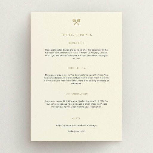 Wedding Insert Card Design - "Cross Keys" A wedding insert card called "Cross Keys". It is an A5 card in a portrait orientation. "Cross Keys" is available as a flat card, with mainly cream colouring.