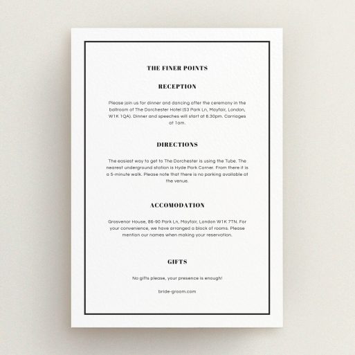 Wedding Insert Card Design - "Deco orange" A wedding insert card design named "Deco orange". It is an A5 card in a portrait orientation. "Deco orange" is available as a flat card, with mainly white colouring.