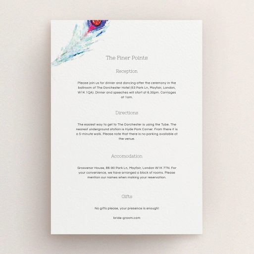 Wedding Insert Card Design - "Feather in the corner" A wedding insert card called "Feather in the corner". It is an A5 card in a portrait orientation. "Feather in the corner" is available as a flat card, with mainly white colouring.