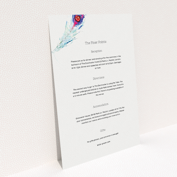 A wedding insert card called "Feather in the corner". It is an A5 card in a portrait orientation. "Feather in the corner" is available as a flat card, with mainly white colouring.