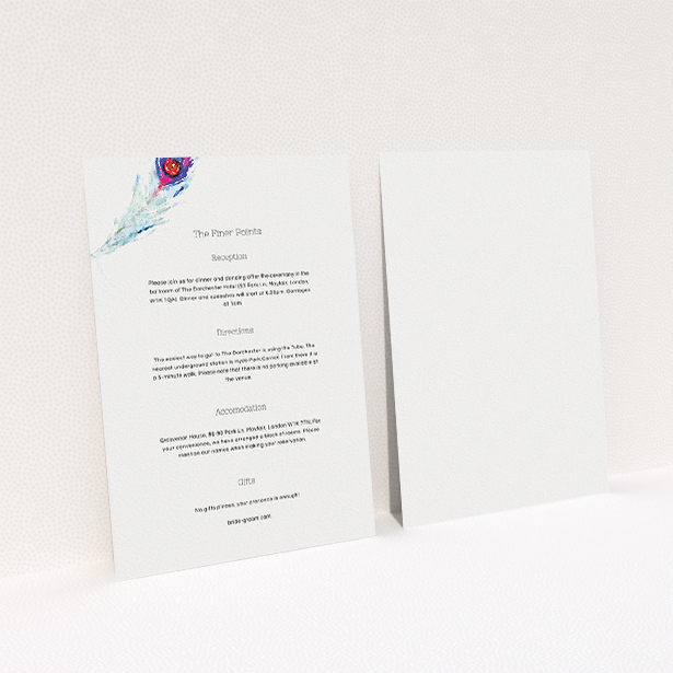 A wedding insert card called "Feather in the corner". It is an A5 card in a portrait orientation. "Feather in the corner" is available as a flat card, with mainly white colouring.
