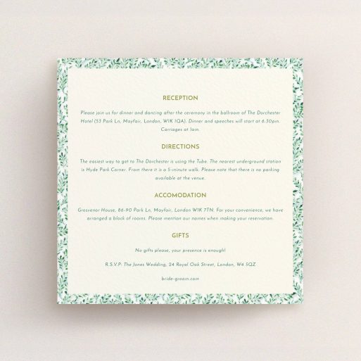 Wedding Insert Card Design - "From the hedge" A wedding insert card template titled "From the hedge". It is a square (148mm x 148mm) card in a square orientation. "From the hedge" is available as a flat card, with mainly green colouring.