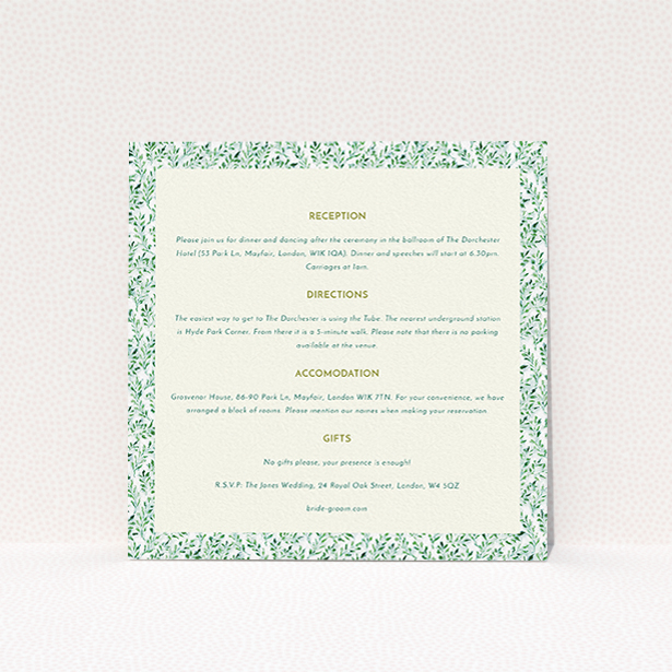 A wedding insert card template titled "From the hedge". It is a square (148mm x 148mm) card in a square orientation. "From the hedge" is available as a flat card, with mainly green colouring.