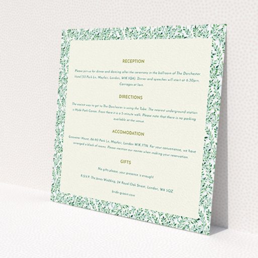 A wedding insert card template titled 'From the hedge'. It is a square (148mm x 148mm) card in a square orientation. 'From the hedge' is available as a flat card, with mainly green colouring.