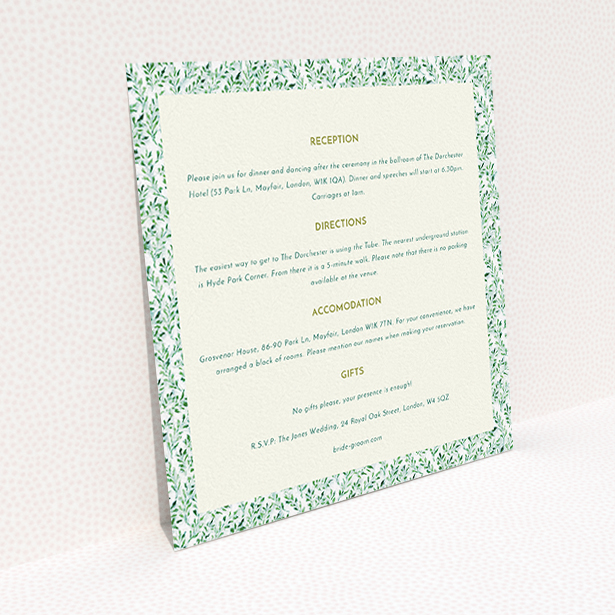 A wedding insert card template titled "From the hedge". It is a square (148mm x 148mm) card in a square orientation. "From the hedge" is available as a flat card, with mainly green colouring.