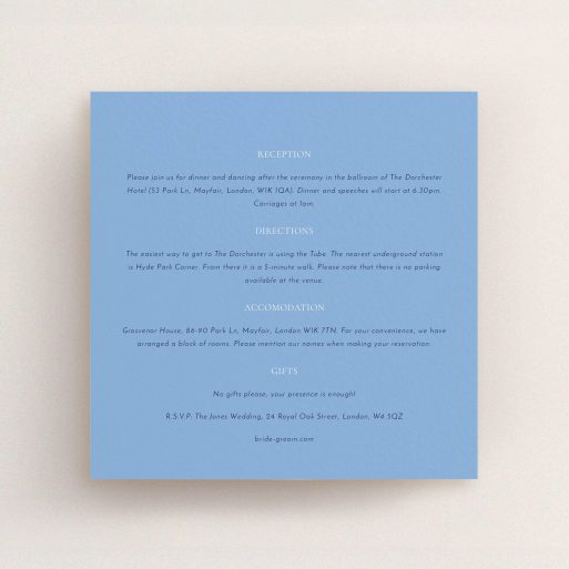 Wedding Information Insert Sheets - Front And Centre (Middle Blue) A wedding insert card design called "Front and centre". It is a square (148mm x 148mm) card in a square orientation. "Front and centre" is available as a flat card, with mainly light blue colouring.