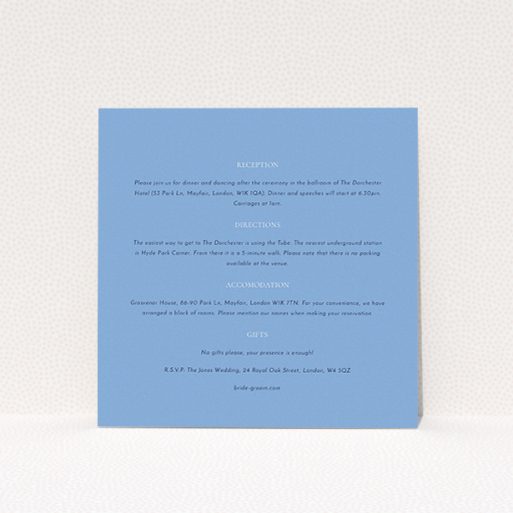 A wedding insert card design called "Front and centre". It is a square (148mm x 148mm) card in a square orientation. "Front and centre" is available as a flat card, with mainly light blue colouring.