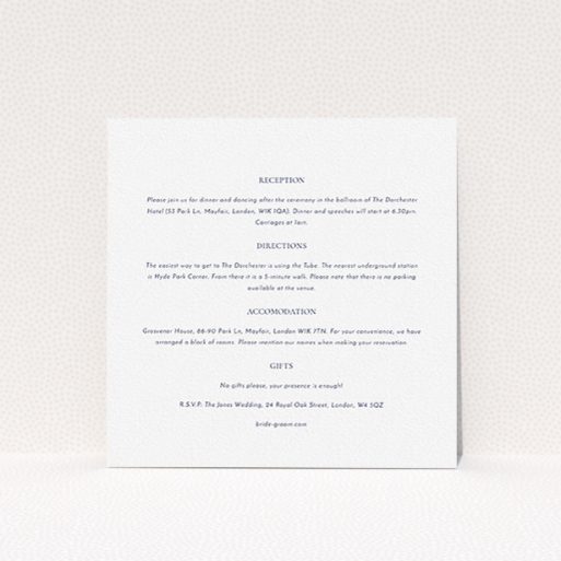 A wedding insert card design called "Front and centre". It is a square (148mm x 148mm) card in a square orientation. "Front and centre" is available as a flat card, with mainly white colouring.