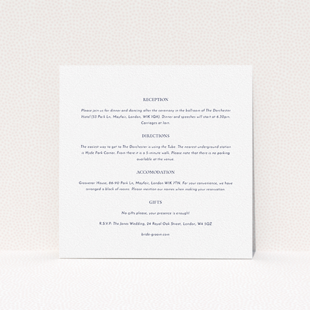 A wedding insert card design called "Front and centre". It is a square (148mm x 148mm) card in a square orientation. "Front and centre" is available as a flat card, with mainly white colouring.