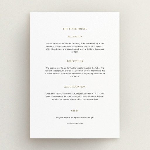 Wedding Insert Card Design - "Golden black stage" A wedding insert card named "Golden black stage". It is an A5 card in a portrait orientation. "Golden black stage" is available as a flat card, with mainly white colouring.