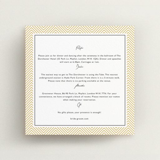 Wedding Insert Card Design - "Golden Lines" A wedding insert card design named "Golden Lines". It is a square (148mm x 148mm) card in a square orientation. "Golden Lines" is available as a flat card, with tones of gold and white.