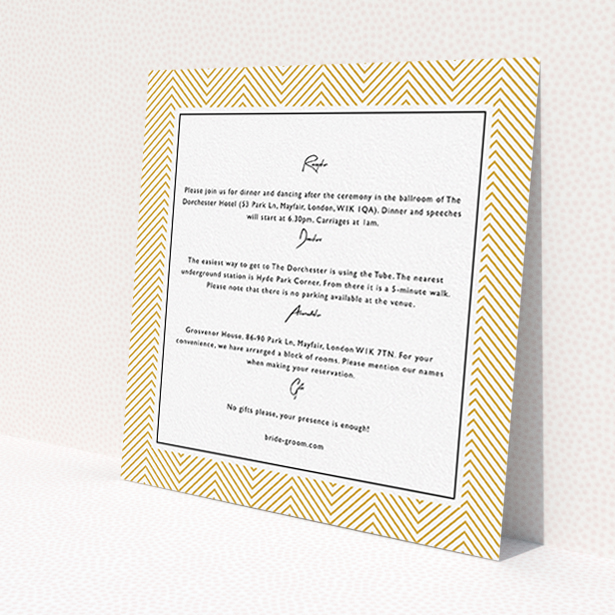 A wedding insert card design named 'Golden Lines'. It is a square (148mm x 148mm) card in a square orientation. 'Golden Lines' is available as a flat card, with tones of gold and white.