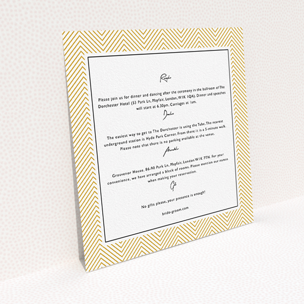 A wedding insert card design named "Golden Lines". It is a square (148mm x 148mm) card in a square orientation. "Golden Lines" is available as a flat card, with tones of gold and white.