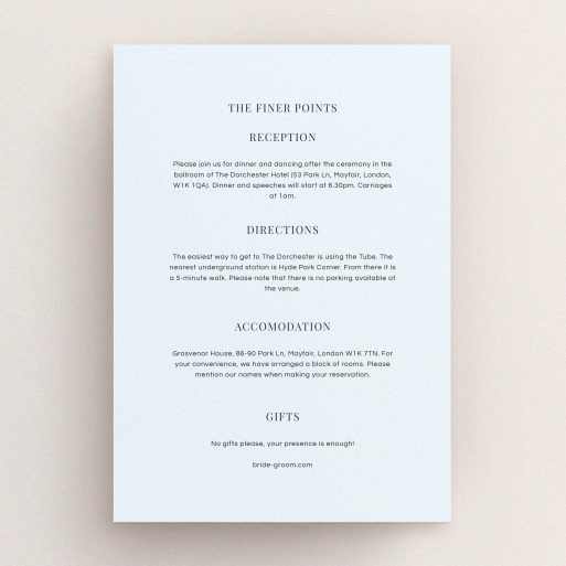 A wedding insert card design named "Harrison notch". It is an A5 card in a portrait orientation. "Harrison notch" is available as a flat card, with mainly light blue colouring.