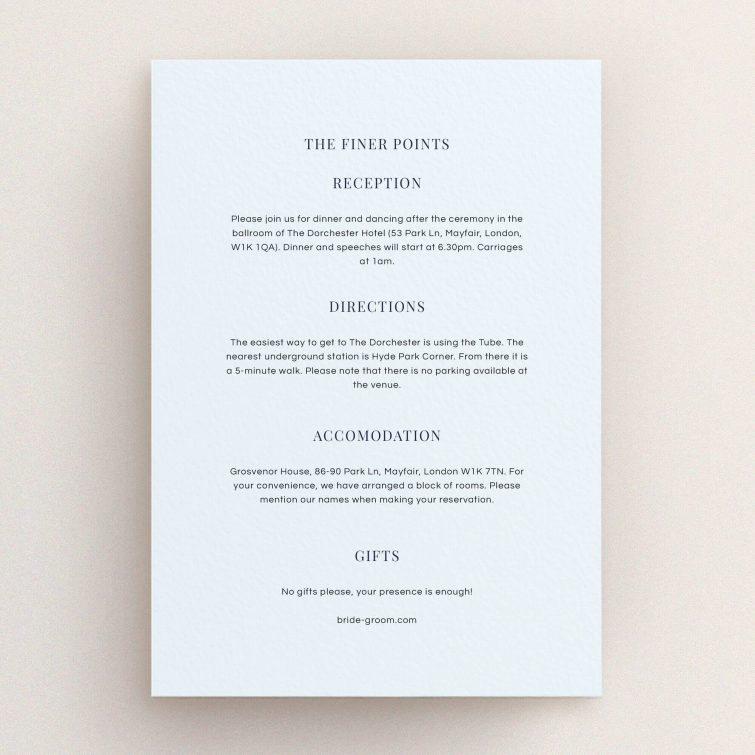 A wedding insert card design named "Harrison notch". It is an A5 card in a portrait orientation. "Harrison notch" is available as a flat card, with mainly light blue colouring.