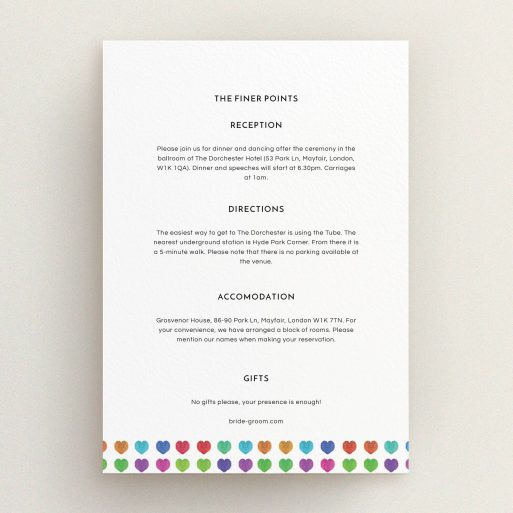 Wedding Insert Card Design - "Heart cascade" A wedding insert card design named "Heart cascade". It is an A5 card in a portrait orientation. "Heart cascade" is available as a flat card, with mainly green colouring.