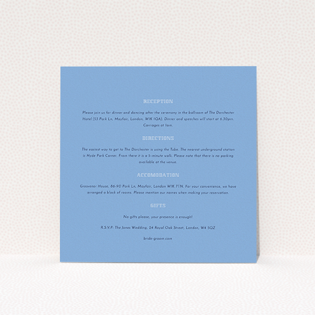 A wedding insert card named "In between the lines square". It is a square (148mm x 148mm) card in a square orientation. "In between the lines square" is available as a flat card, with mainly light blue colouring.