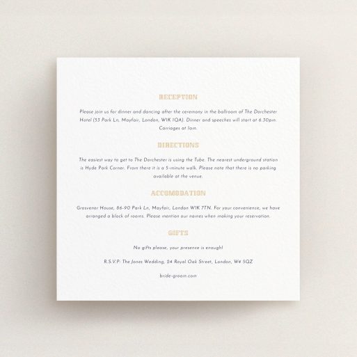 Wedding Information Insert Sheets - In Between The Lines Square (Orange) A wedding insert card design titled "In between the lines square". It is a square (148mm x 148mm) card in a square orientation. "In between the lines square" is available as a flat card, with mainly white colouring.
