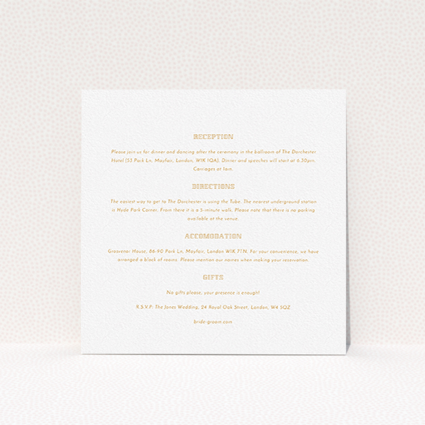 A wedding insert card called "In between the lines square". It is a square (148mm x 148mm) card in a square orientation. "In between the lines square" is available as a flat card, with mainly white colouring.