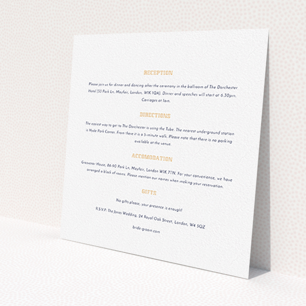 A wedding insert card design titled 'In between the lines square'. It is a square (148mm x 148mm) card in a square orientation. 'In between the lines square' is available as a flat card, with mainly white colouring.