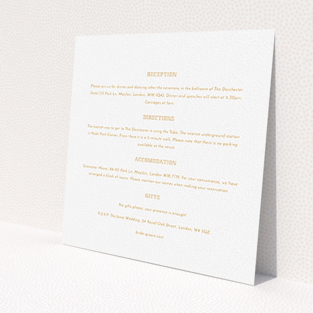 A wedding insert card called "In between the lines square". It is a square (148mm x 148mm) card in a square orientation. "In between the lines square" is available as a flat card, with mainly white colouring.