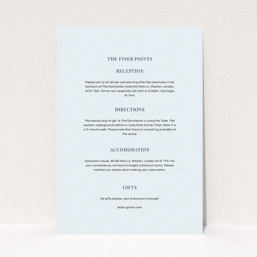 A wedding insert card template titled "Initials here". It is an A5 card in a portrait orientation. "Initials here" is available as a flat card, with mainly light blue colouring.