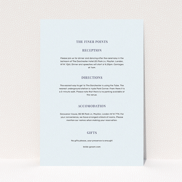 A wedding insert card template titled "Initials here". It is an A5 card in a portrait orientation. "Initials here" is available as a flat card, with mainly light blue colouring.