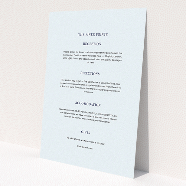 A wedding insert card template titled "Initials here". It is an A5 card in a portrait orientation. "Initials here" is available as a flat card, with mainly light blue colouring.