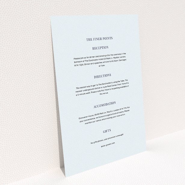 A wedding insert card template titled "Initials here". It is an A5 card in a portrait orientation. "Initials here" is available as a flat card, with mainly light blue colouring.