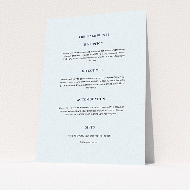 A wedding insert card template titled "Initials here". It is an A5 card in a portrait orientation. "Initials here" is available as a flat card, with mainly light blue colouring.