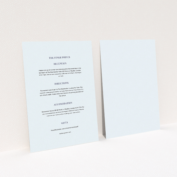 A wedding insert card template titled "Initials here". It is an A5 card in a portrait orientation. "Initials here" is available as a flat card, with mainly light blue colouring.