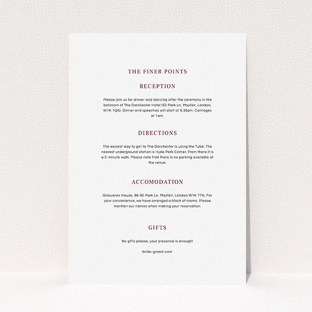 A wedding insert card design called "Laydown simple". It is an A5 card in a portrait orientation. "Laydown simple" is available as a flat card, with mainly white colouring.