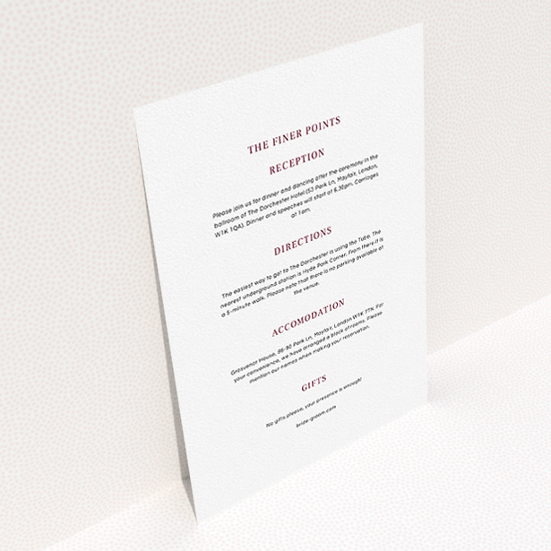 A wedding insert card design called "Laydown simple". It is an A5 card in a portrait orientation. "Laydown simple" is available as a flat card, with mainly white colouring.