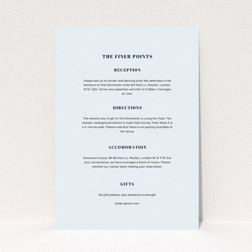 A wedding insert card design called "Lines with a thick border". It is an A5 card in a portrait orientation. "Lines with a thick border" is available as a flat card, with mainly light blue colouring.