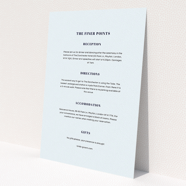 A wedding insert card design called "Lines with a thick border". It is an A5 card in a portrait orientation. "Lines with a thick border" is available as a flat card, with mainly light blue colouring.