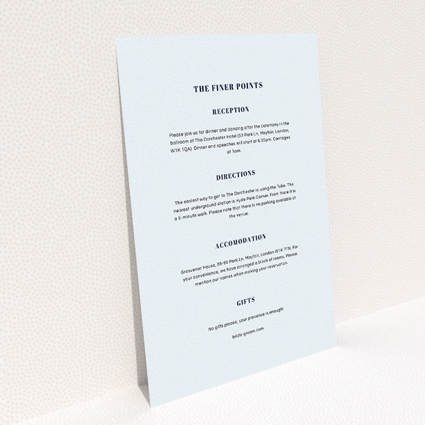 A wedding insert card design called "Lines with a thick border". It is an A5 card in a portrait orientation. "Lines with a thick border" is available as a flat card, with mainly light blue colouring.
