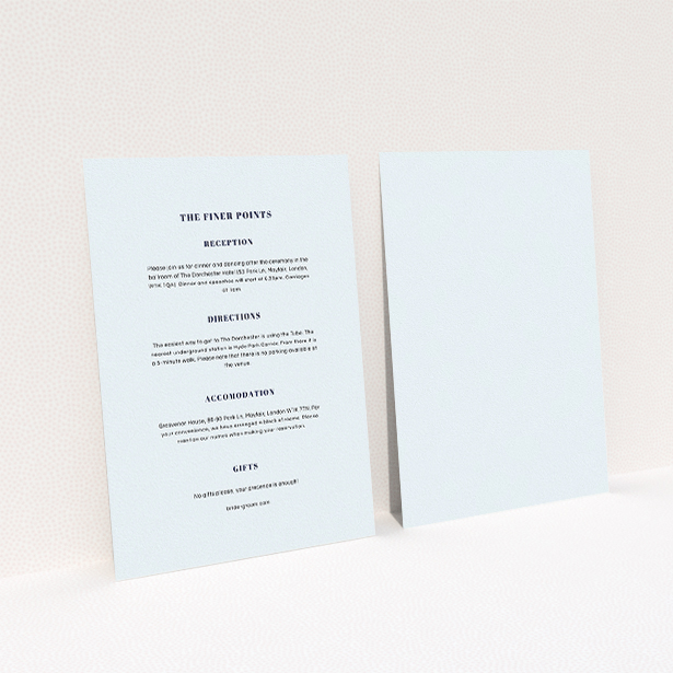 A wedding insert card design called "Lines with a thick border". It is an A5 card in a portrait orientation. "Lines with a thick border" is available as a flat card, with mainly light blue colouring.