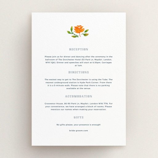 Wedding Insert Card Design - "Midsummer Wreath" A wedding insert card named "Midsummer Wreath". It is an A5 card in a portrait orientation. "Midsummer Wreath" is available as a flat card, with tones of white and green.