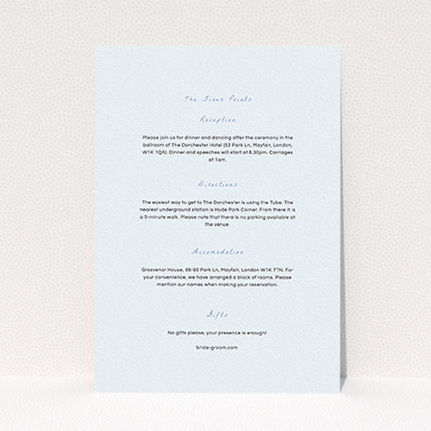 A wedding insert card template titled "My little daisy". It is an A6 card in a portrait orientation. "My little daisy" is available as a flat card, with mainly light blue colouring.