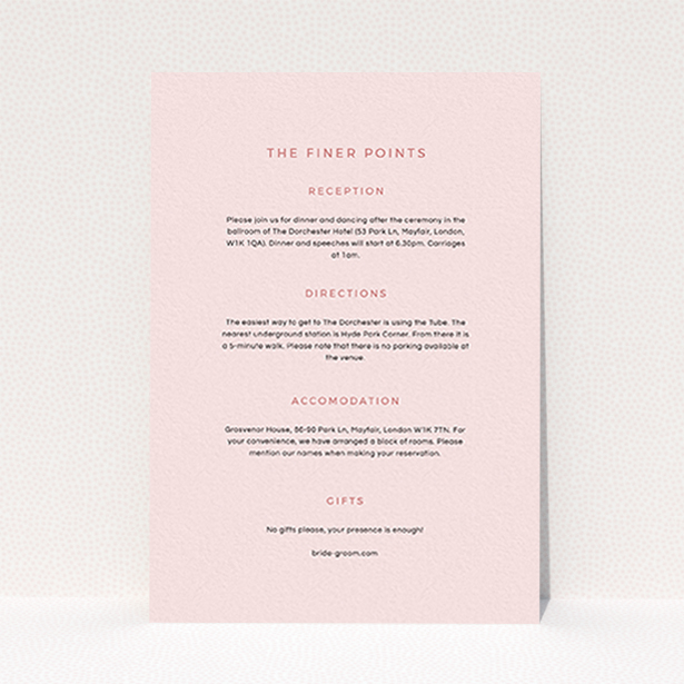A wedding insert card design titled "My little penguin". It is an A6 card in a portrait orientation. "My little penguin" is available as a flat card, with mainly light pink colouring.