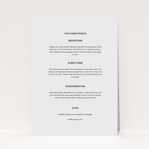 A wedding insert card design called "Newsreel". It is an A6 card in a portrait orientation. "Newsreel" is available as a flat card, with mainly grey colouring.