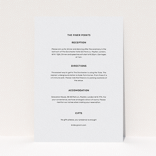 A wedding insert card design called "Newsreel". It is an A6 card in a portrait orientation. "Newsreel" is available as a flat card, with mainly grey colouring.