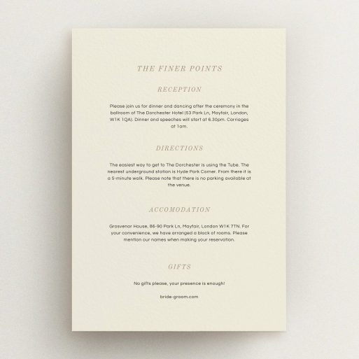 Wedding Information Insert Sheets - Nice And Square (Amber) A wedding insert card design titled "Nice and square". It is an A5 card in a portrait orientation. "Nice and square" is available as a flat card, with mainly cream colouring.
