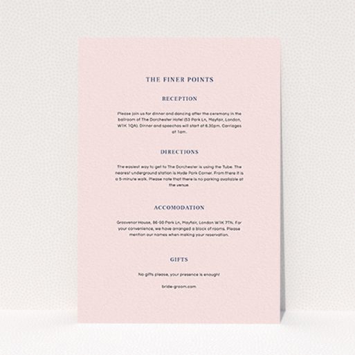 A wedding insert card called "Nice and square". It is an A6 card in a portrait orientation. "Nice and square" is available as a flat card, with mainly light pink colouring.