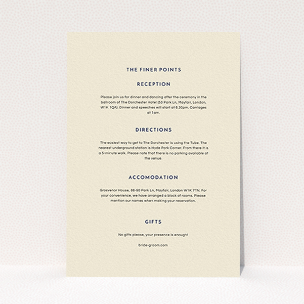 A wedding insert card template titled "Off and away". It is an A6 card in a portrait orientation. "Off and away" is available as a flat card, with mainly cream colouring.
