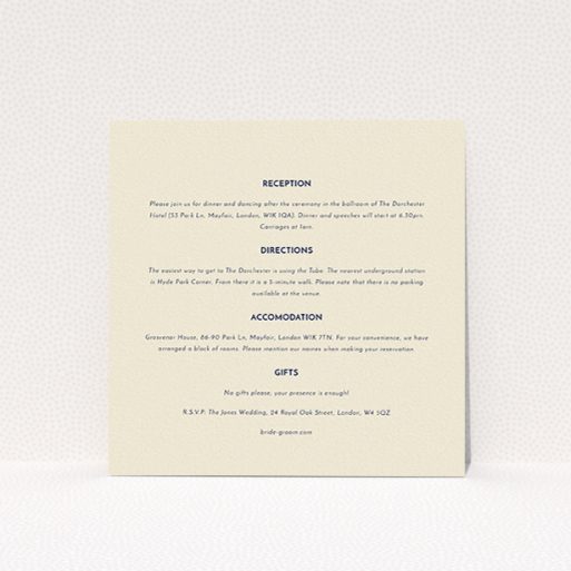 A wedding insert card design called "Olive branch stamp". It is a square (148mm x 148mm) card in a square orientation. "Olive branch stamp" is available as a flat card, with mainly cream colouring.